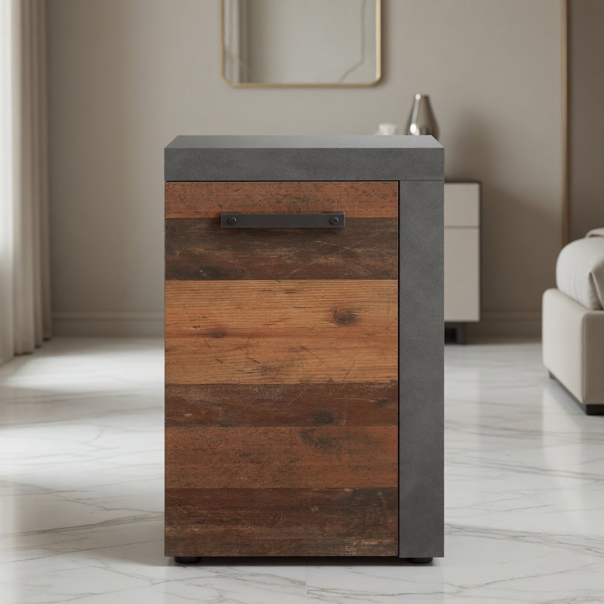 Indy Compact Badkamerkast Commode – Mobili Bella – Oud Eiken / Mat Grijs Melamine – Staand