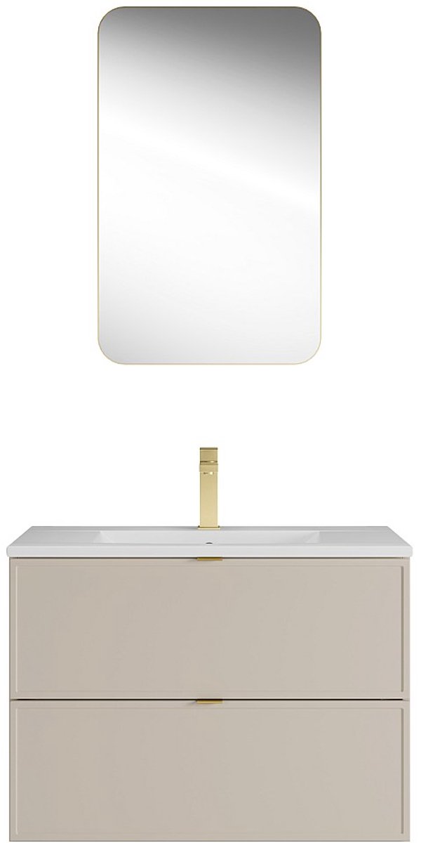 Vente-unique Zwevend badkamermeubel met inbouwwastafel, kraan en spiegel - Beige - 80 cm - ONDIL