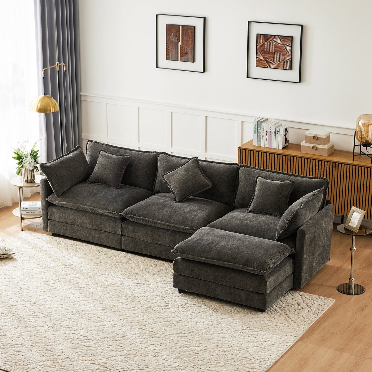MIVRAY Hoekbank 283 x 147 cm - 3-Zits Met Verplaatsbare Hocker - Voor Woonkamer En Slaapkamer - Chenille Donkergrijs