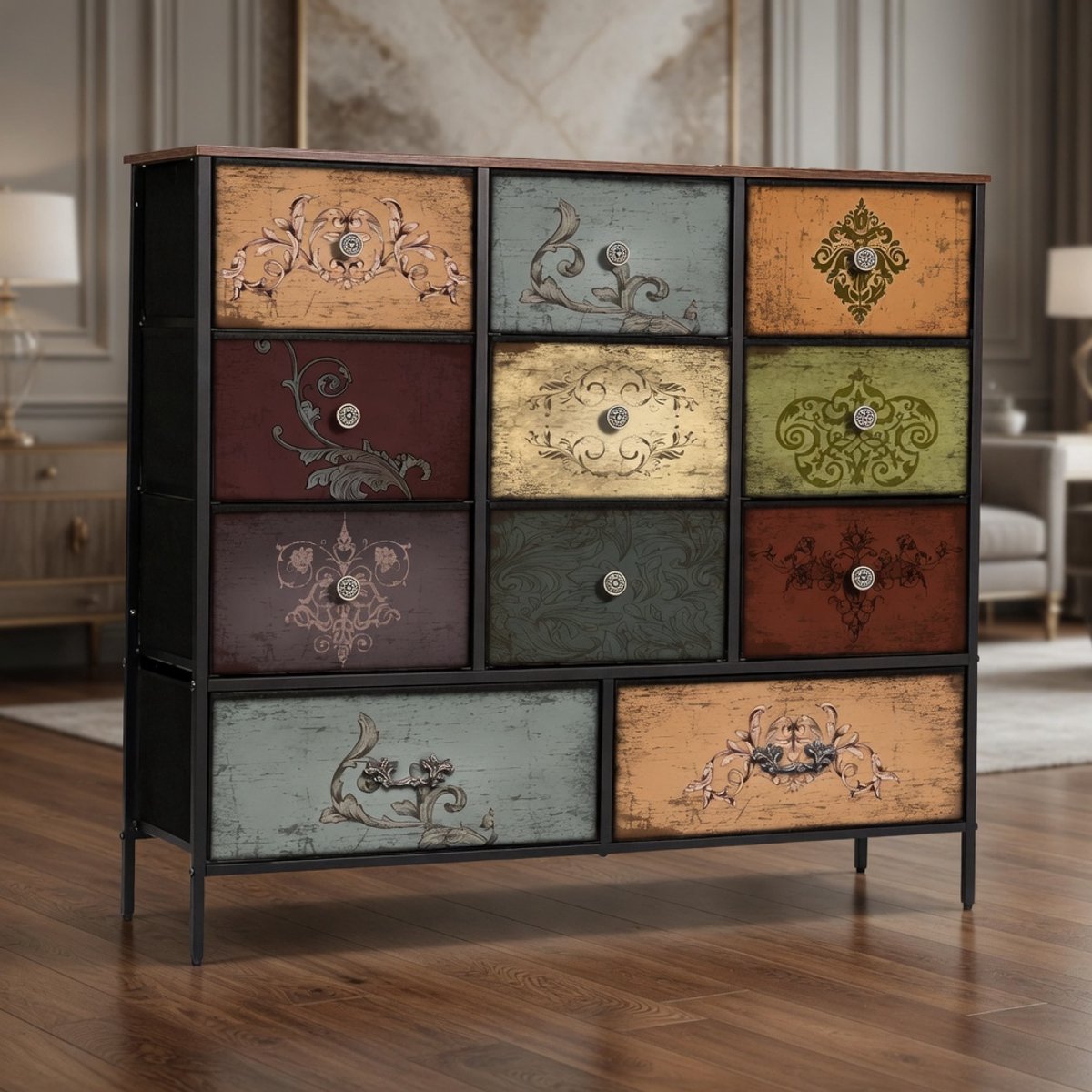Luxe Vintage Commode met 11 Diepe Stoffen Lades – Brede Dressoir Kast 110 cm – Slaapkamer, Kinderkamer & Woonkamer Opbergkast – TV Meubel & Multifunctionele Organizer