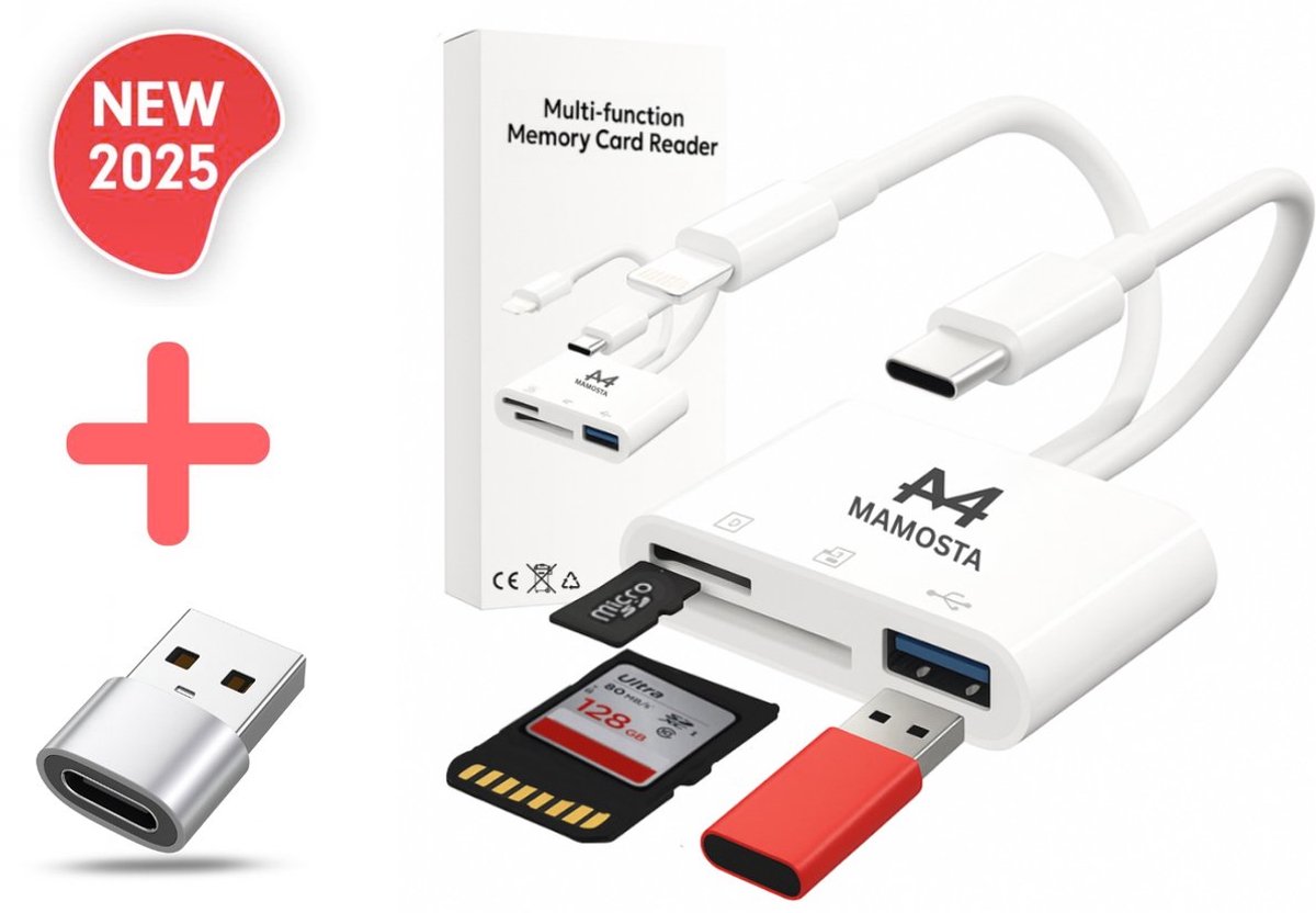 Mamosta® SD Kaart Lezer - 3 in 1 - Micro SD Kaartlezer - USB C & Lightning - USB A Adapter - Card Reader - Geheugenkaartlezer