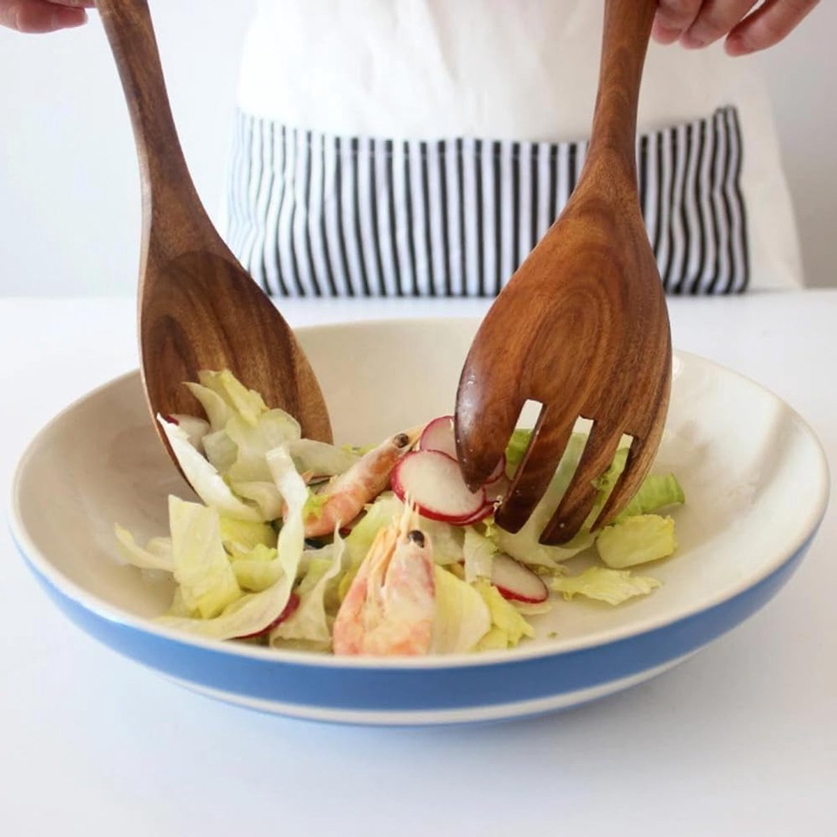 Set van 2 Houten Saladebestek - 26 cm Serveerlepel en Lange Handgreep Vork voor Salades, I