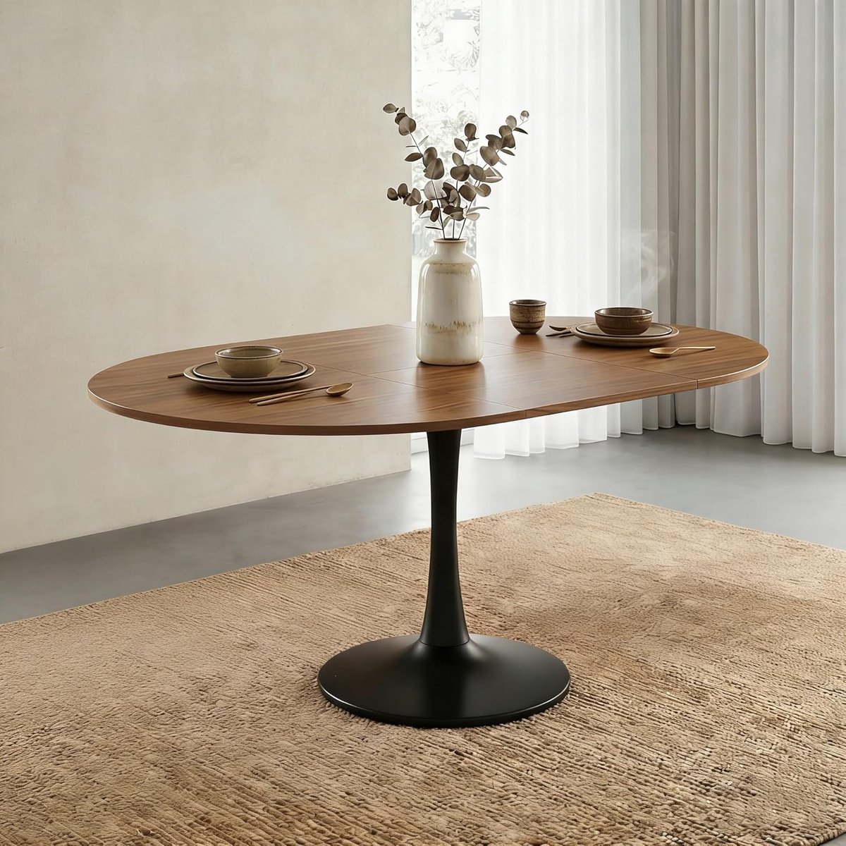 Eettafel Uitschuifbaar - Ronde naar Ovale Eetkamertafel - Scandinavisch Design - Ruimtebesparend voor 4-6 Personen - 100/140x100x75 cm - Hout & Zwart - Vermissen