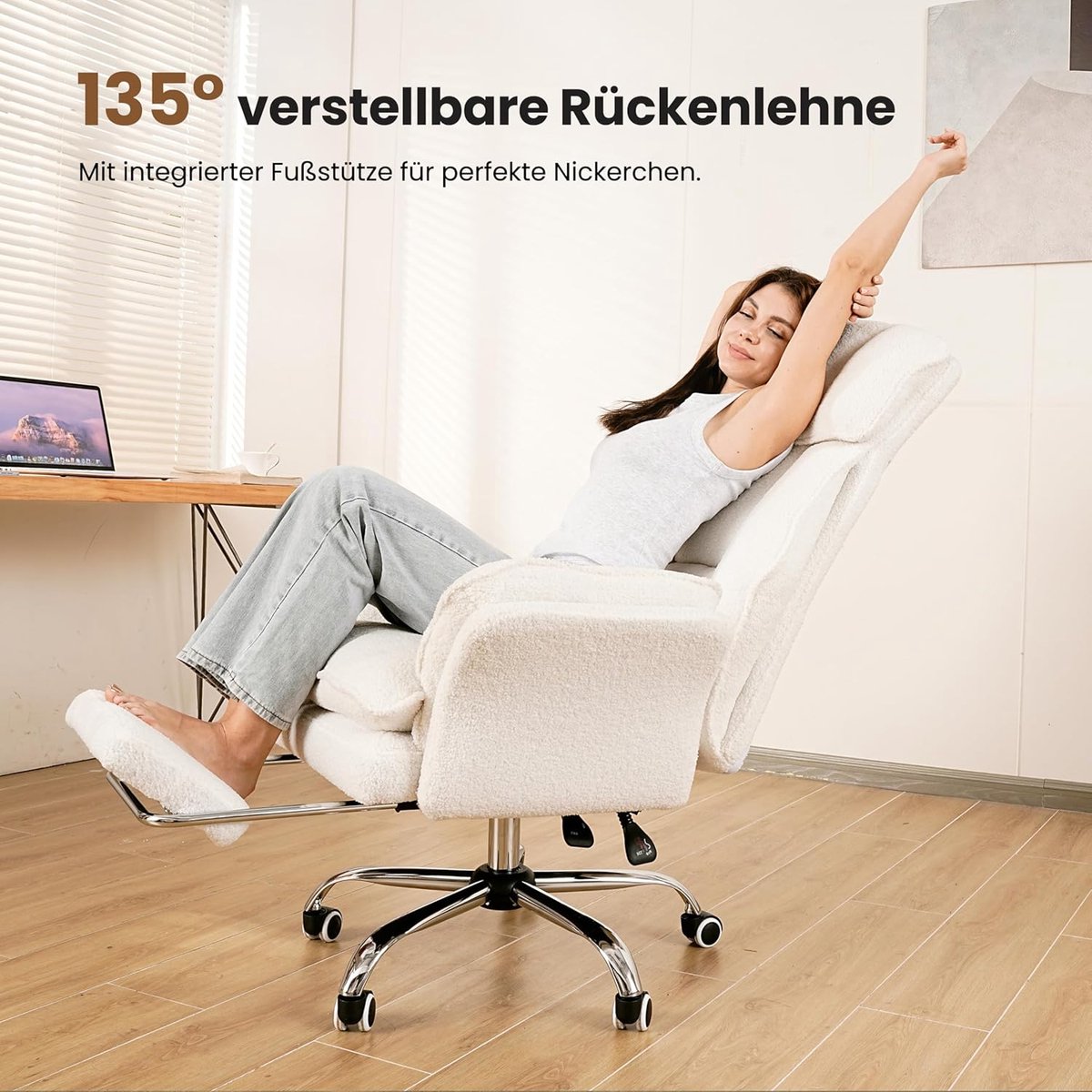 Bureaustoel Ergonomisch XXL met Voetensteun en Verstelbare Rugleuning 135° – Directiestoel Gamingstoel met Inklapbare Armleuningen – Extra Breed Big & Tall tot 180 kg – Chenille Stof Luxe Design – Meuble Paris Galaxy Zwart