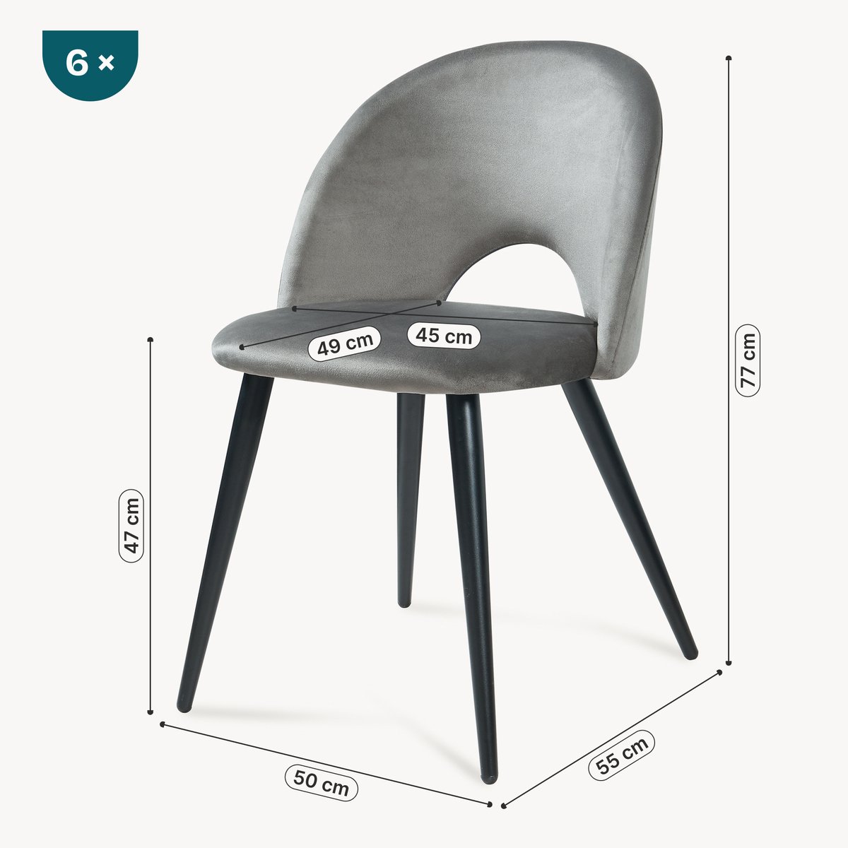 en.casa Eetkamerstoelen Karijo set van 6 fluweel 77x50x55 cm grijs en zwart [en.casa]