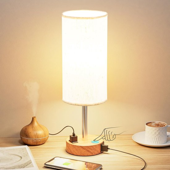 Lampe de table Gadgetplace avec ports USB et lampe LED – Intensité variable – Pour chambre/salon – Avec abat-jour