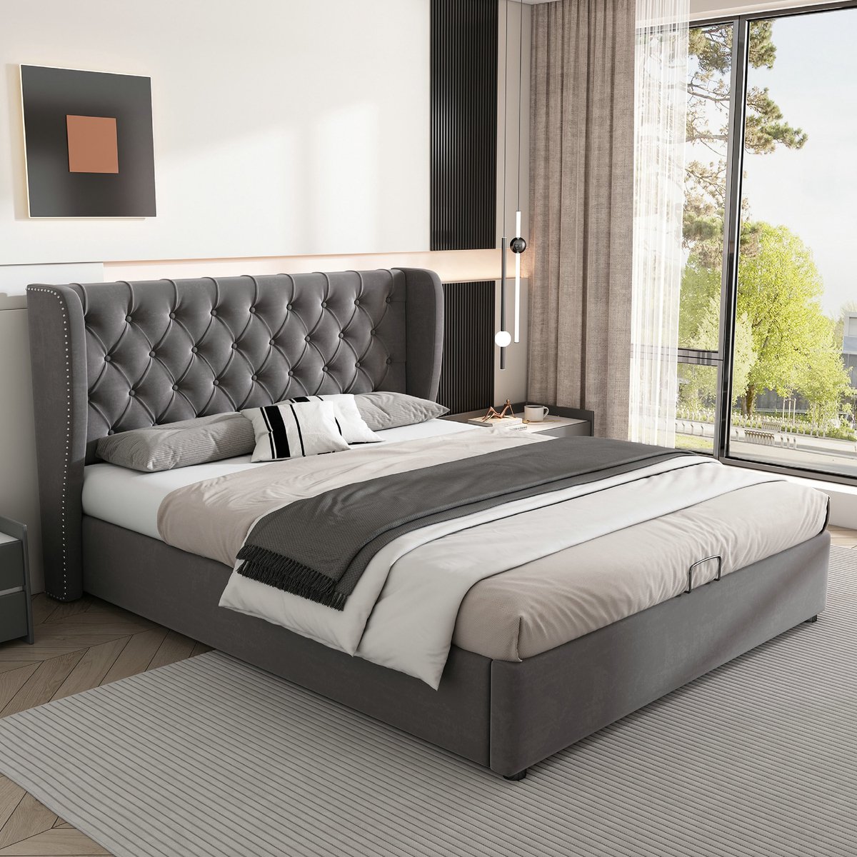 VVBV Bed met opbergruimte 140x200 / Gestoffeerd bed 140x200 / Tweepersoonsbed 140x200 – met Hydraulische Opbergruimte, Lattenbodem – Fluweel – Zwart Grijs