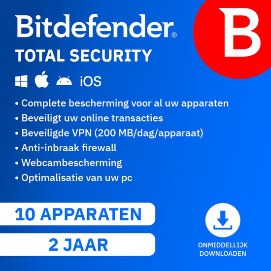 Bitdefender Total Security met B-logo, voor 10 apparaten en 2 jaar. Direct downloaden.