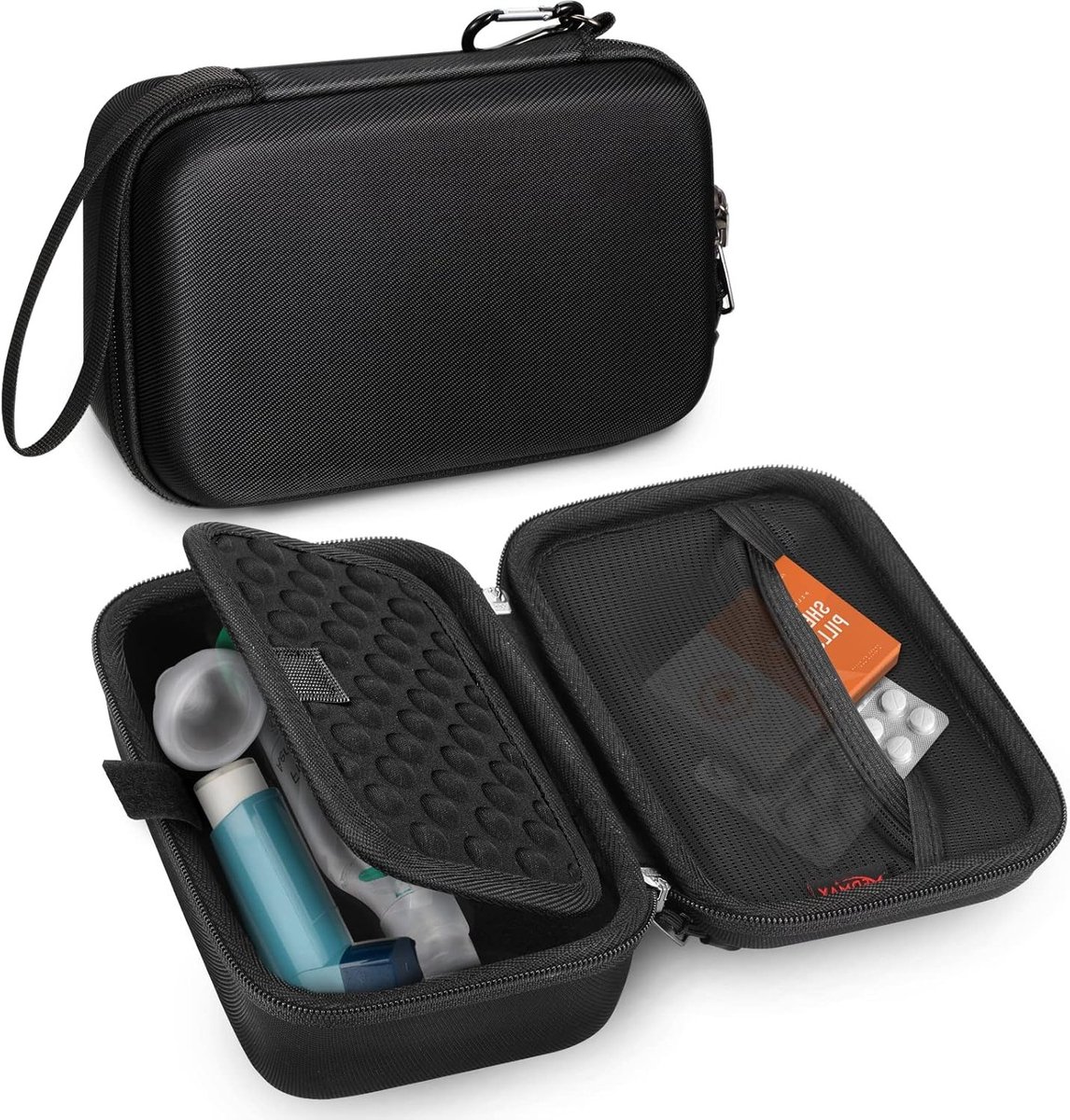 Tragbare tas voor astma-inhalator, schokbestendig en waterdicht met clip en schouderriem, geschikt voor inhalatoren en afstandsmaskers, zwart