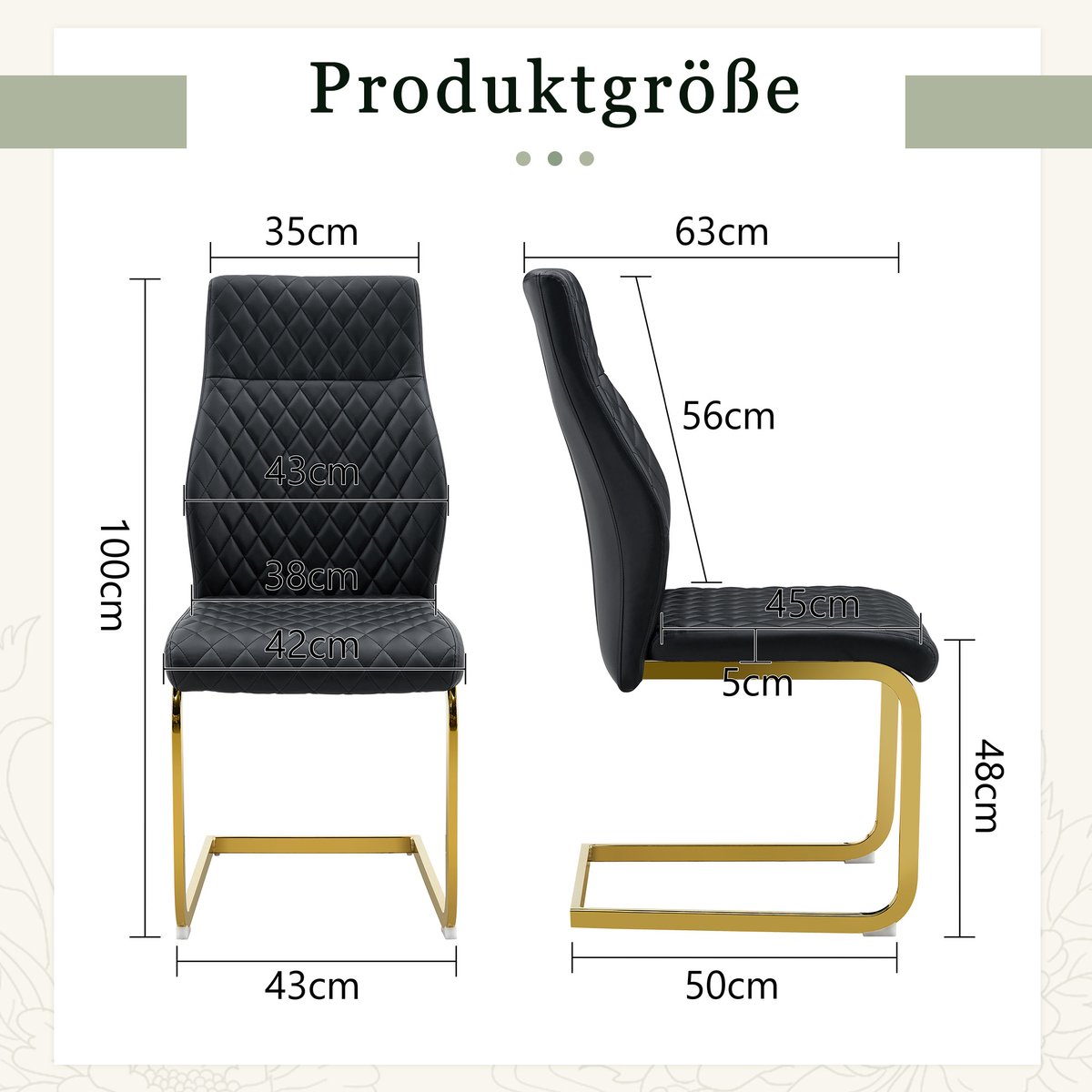 MODENUIT Eetkamerstoel - Hoge Rugleuning - Set van 2 met Ruitstiksel - Voor Eetkamer en Restaurant - Metaal PU-Leer Zwart Goud
