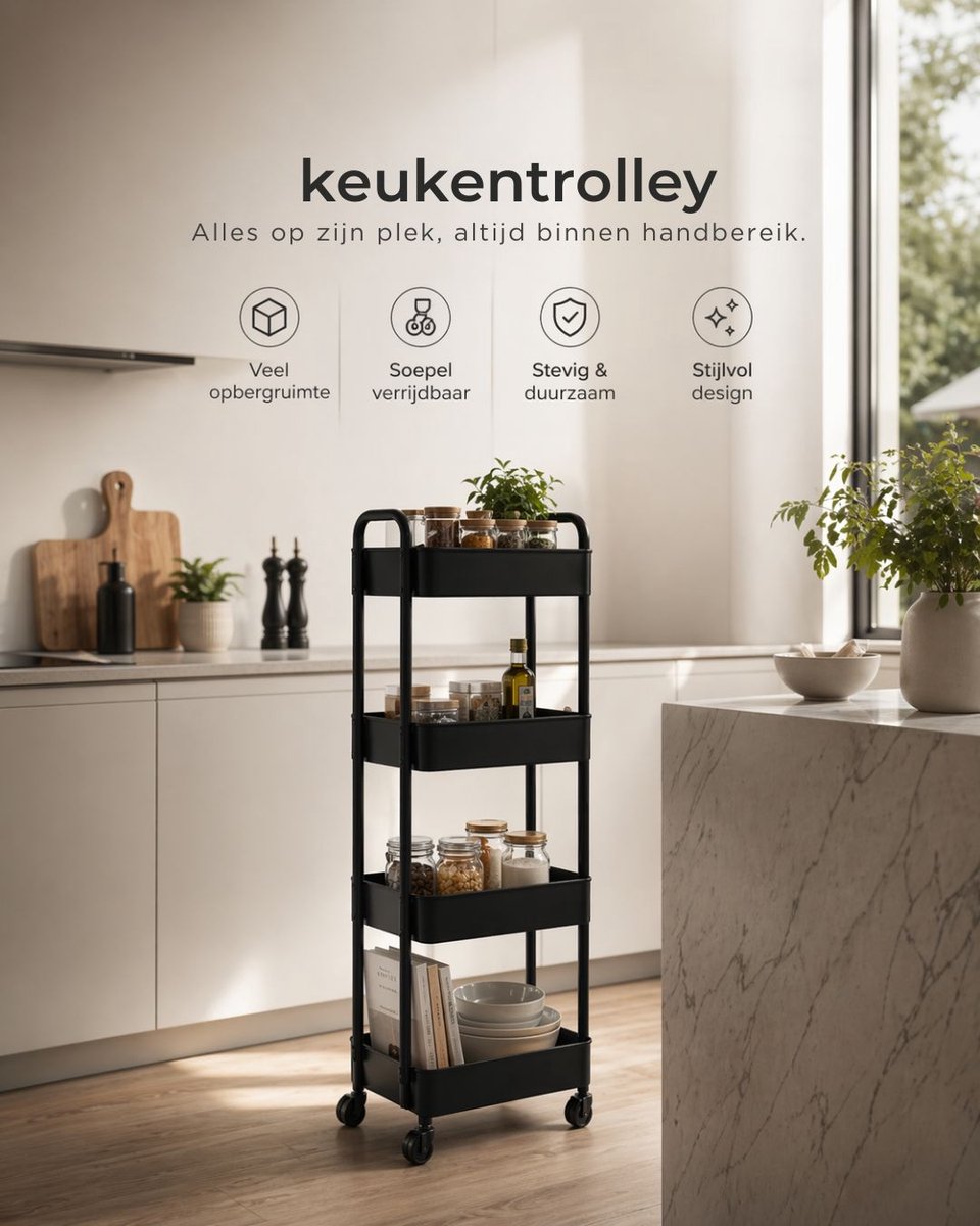 Keukentrolley op Wieltjes – 4 Lagen Opbergtrolley – Smal 32 cm – Verrijdbaar Keukenrek / Badkamer Trolley – Kunststof – Zwart