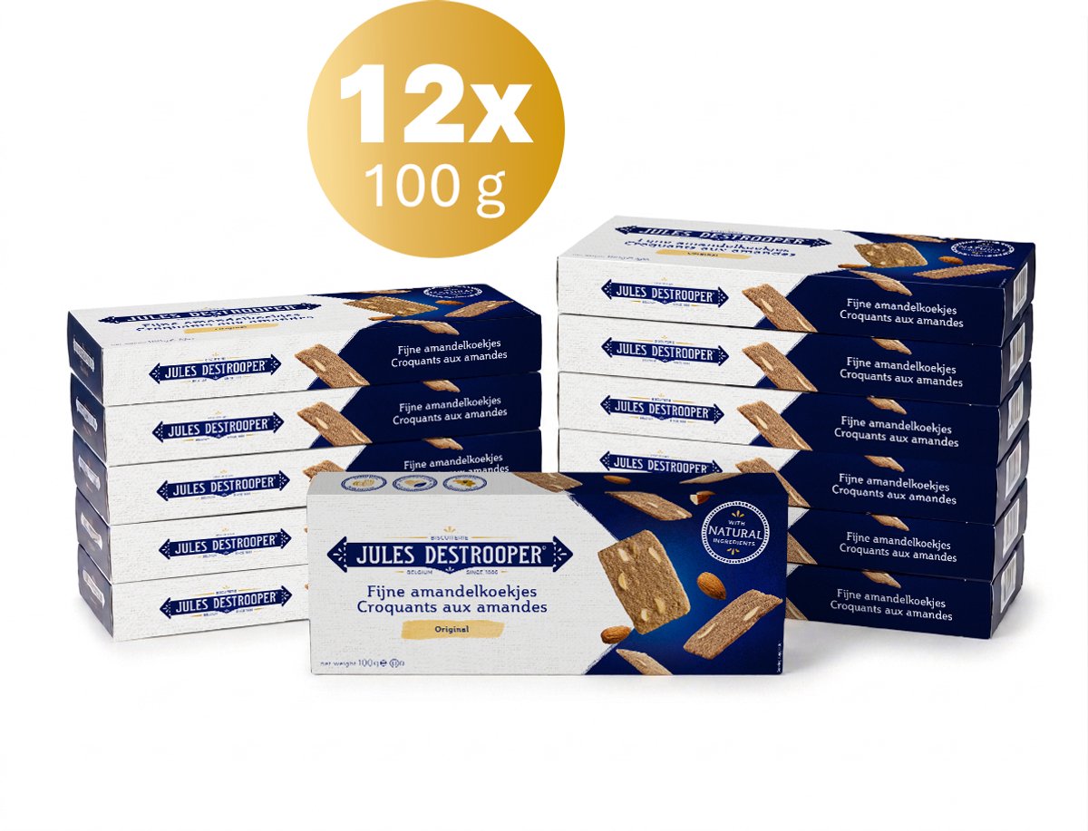 Jules Destrooper Amandel Koekjes 12 x 100g - Koffiekoekjes in grootverpakking voor bij de koffie of thee - Assortiment van 12 dozen individueel verpakt - Amandel Collectie