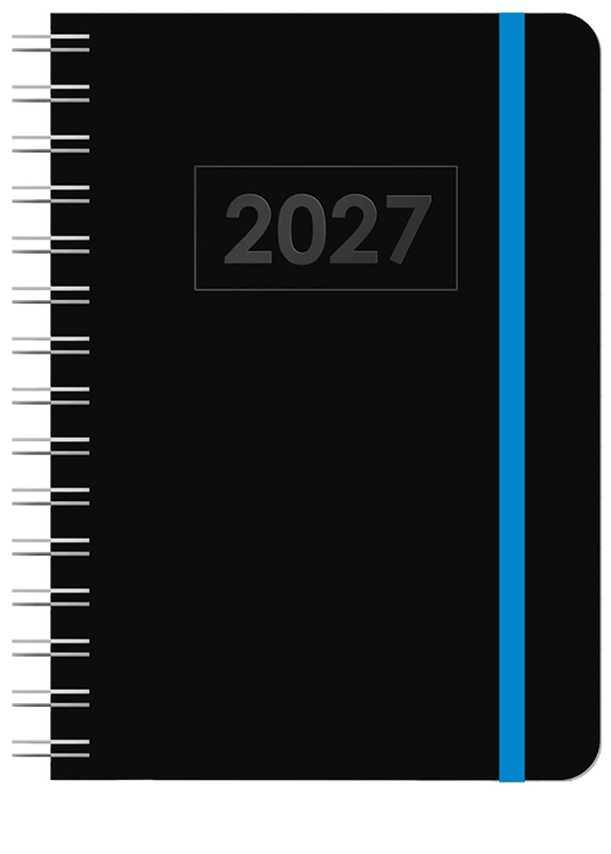 MGPcards - A5 Agenda 2027 - Sluiting Elastiek - Wire-O - Weekoverzicht 1w/2p - Zwart + Blauw elastiek - Ruime vakken - 14,8 x 21 cm