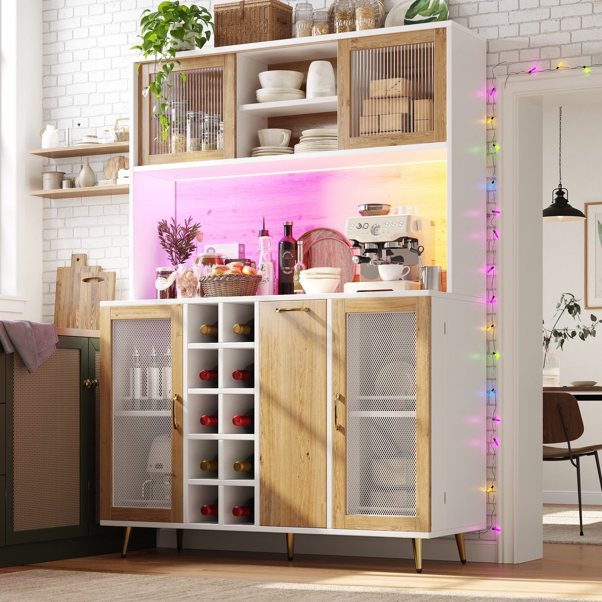 BLACKCOLORS Sideboard / opbergkast / multifunctionele keukenkast / buffetkast, 120 x 40 x 170 cm, met ledverlichting, wijnrek & snackrek, 5 deuren, geïntegreerd stopcontact, wit met houtlook