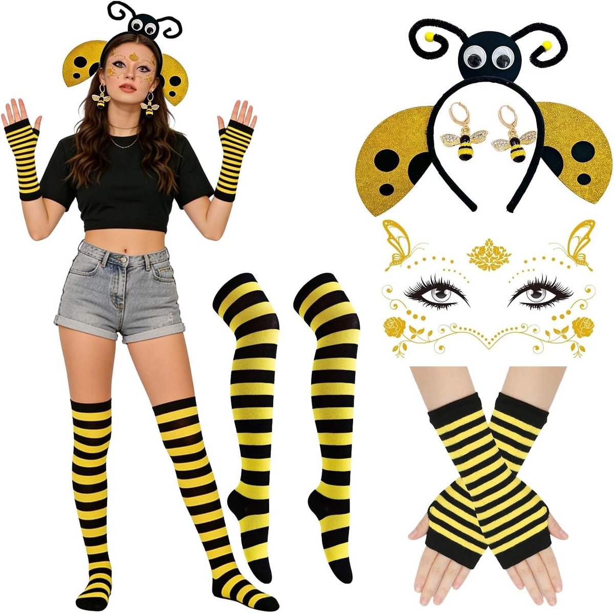 Vrouwelijk Bijen Kostuum, 5-delige Set met Hoofdband, Handschoenen, Oorbellen, Oogmasker en Beenwarmers, Ideaal voor Feestjes en Evenementen, Zwart-Geel, Carnaval, Halloween, Themapartijen