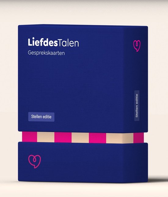 Een donkerblauwe doos met de tekst 'LiefdesTalen Gesprekskaarten' en 'Stellen editie', met roze en beige strepen op de rand.
