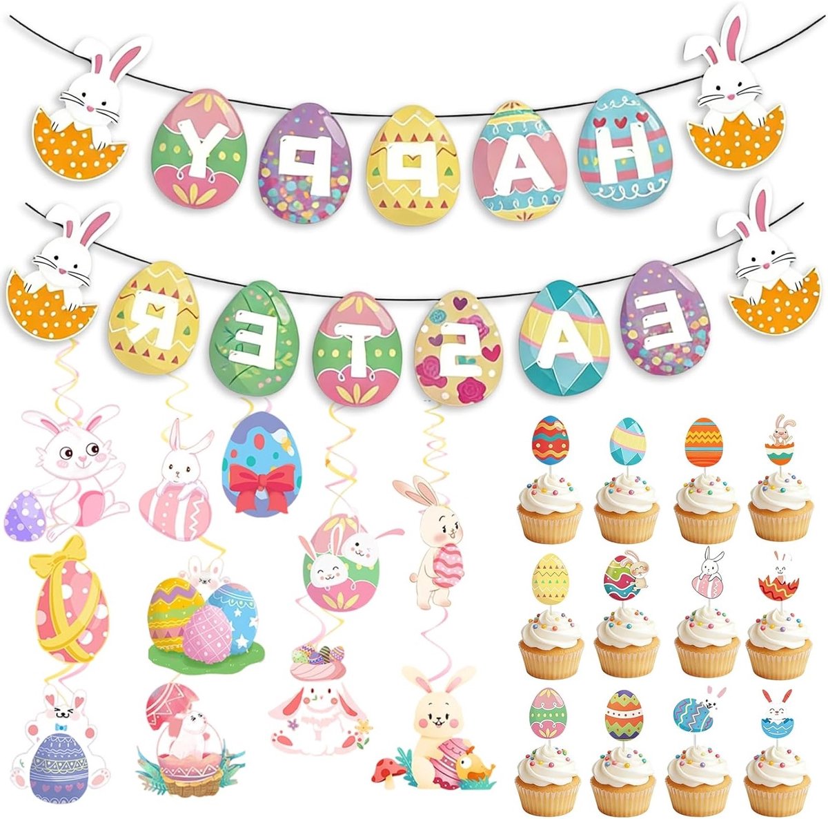 Vrolijke Paasdecoratieset met 12 Hangende Konijneneieren, 15 Gelukkige Pasen Banners en 12 Cupcake Toppers voor een Feestelijke Paas- of Verjaardagsviering