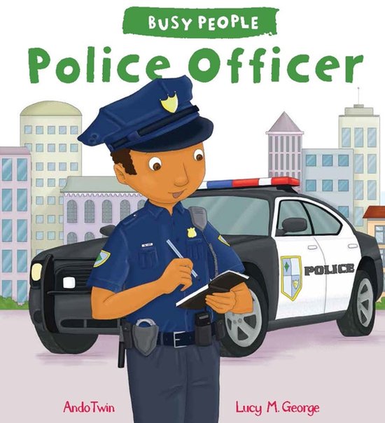 Illustratie van een politieagent in uniform met pet, die naast een politieauto staat en aantekeningen maakt op een notitieblok.
