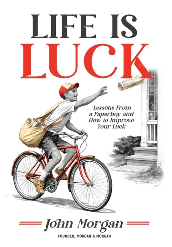 Boekcover: 'Life is Luck' met jongen op rode fiets die krant gooit. John Morgan.