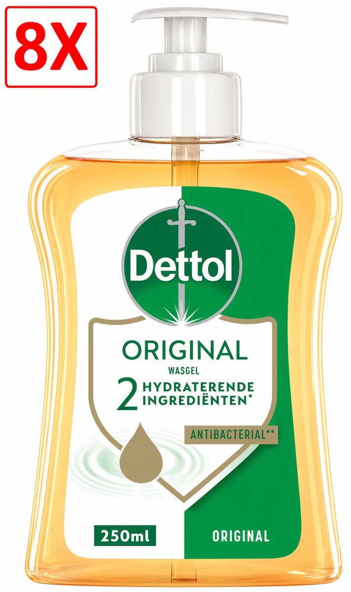 8 x Dettol Antibacteriële Handzeep Original 250ML - Wasgel - 2 hydraterende ingrediënten