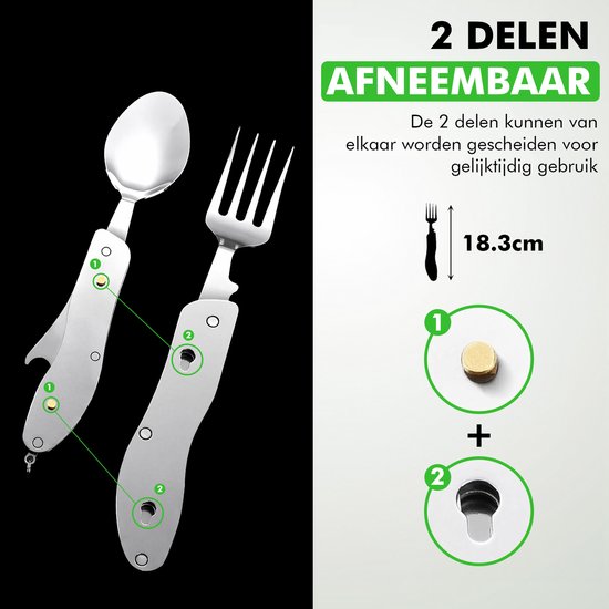 Travelhawk Campingbestek - Inklapbaar - Roestvrij Staal - Vork, Lepel, Opener en Mes - 4-in-1 - Surival van Merkloos — afbeelding 2