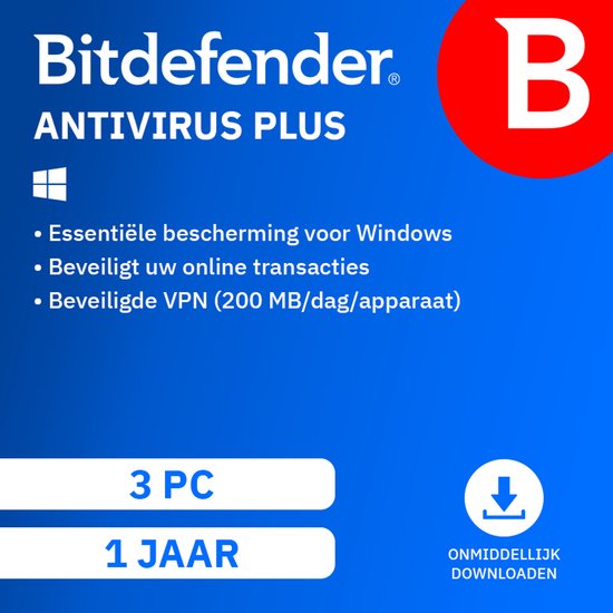 Bitdefender Antivirus Plus. Essentiële bescherming voor Windows, veilige online transacties, beveiligde VPN. 3 pc, 1 jaar, onmiddellijke download.