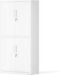 Witte metalen archiefkast, gesloten, bestaande uit twee stapelbare secties met elk twee deuren, handgrepen en sloten.