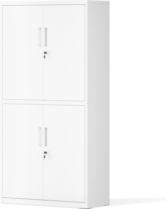 Witte metalen archiefkast, gesloten, bestaande uit twee stapelbare secties met elk twee deuren, handgrepen en sloten.