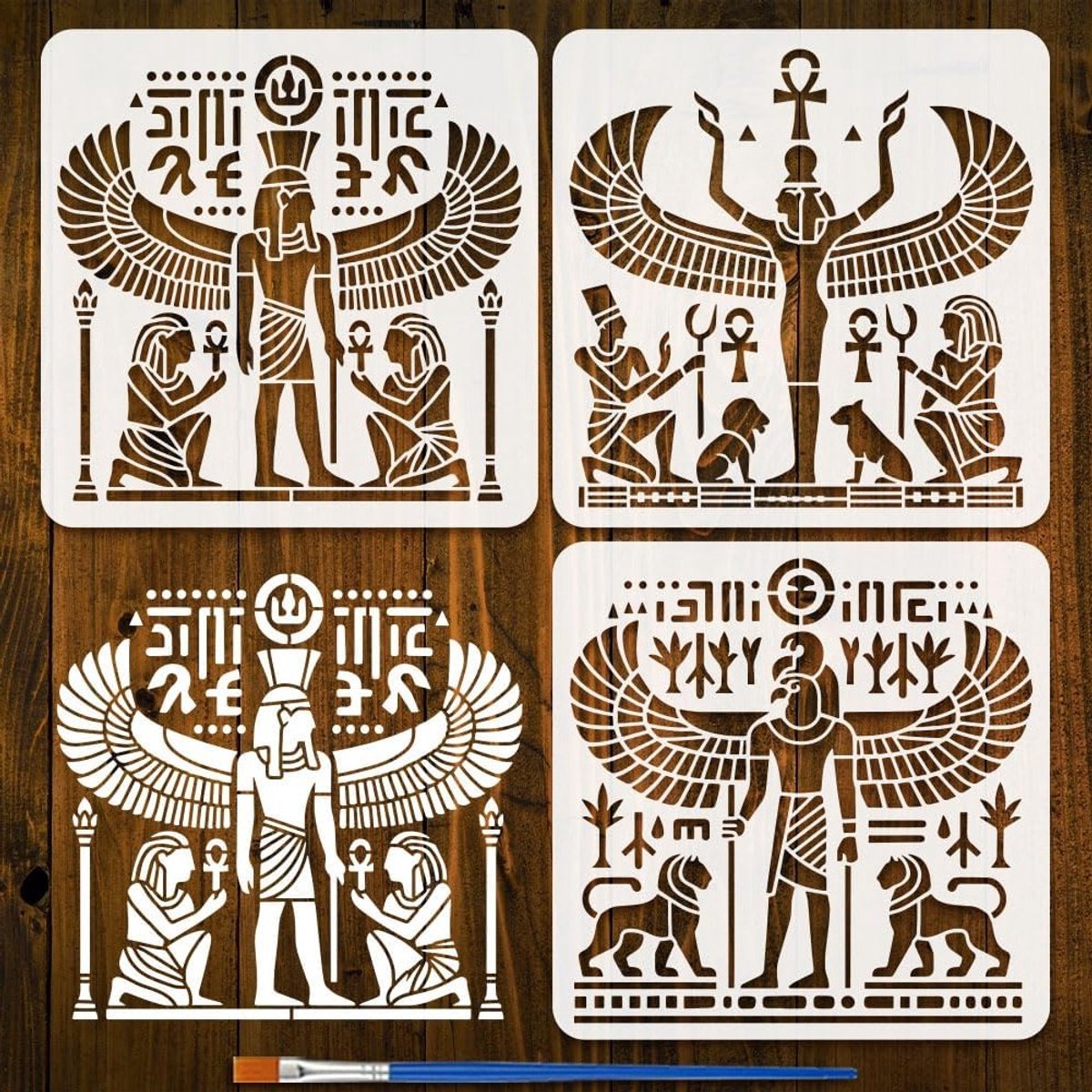 3 Stijlen Egyptische Muur Sjablonen met Kwast 30x30cm Herbruikbare Motieven voor Decoratie van Huizen, Dieren en Farao's