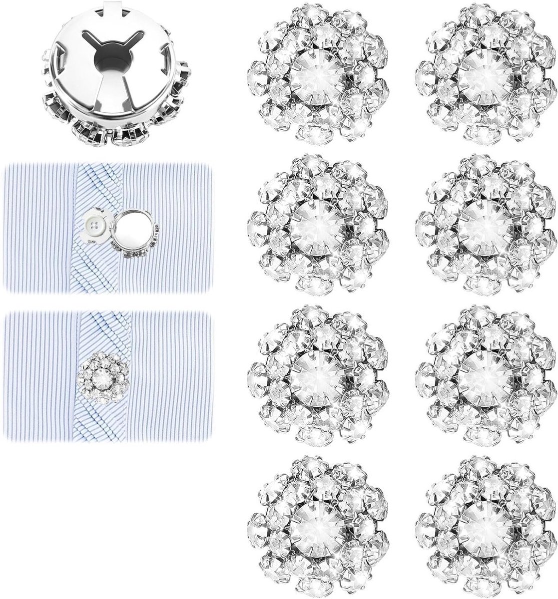 Verwijderbare knoophoezen set van 8 met glinsterende strass, decoratieve clips voor kostuums, overhemden en naaiprojecten in zilver