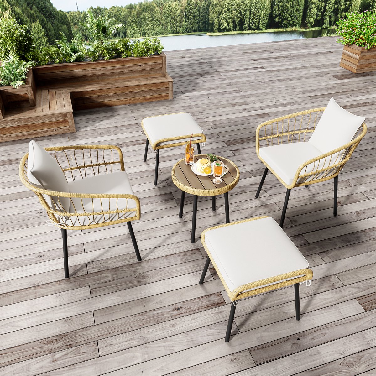5-delige tuinloungeset, bestaande uit 1 eettafel, 2 stoelen, 2 poefen, meubelen, rotan, natuurlijke kleur