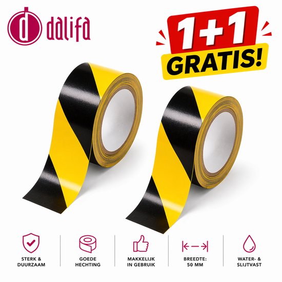 Twee rollen geel-zwarte waarschuwingstape met de tekst "1+1 GRATIS!".