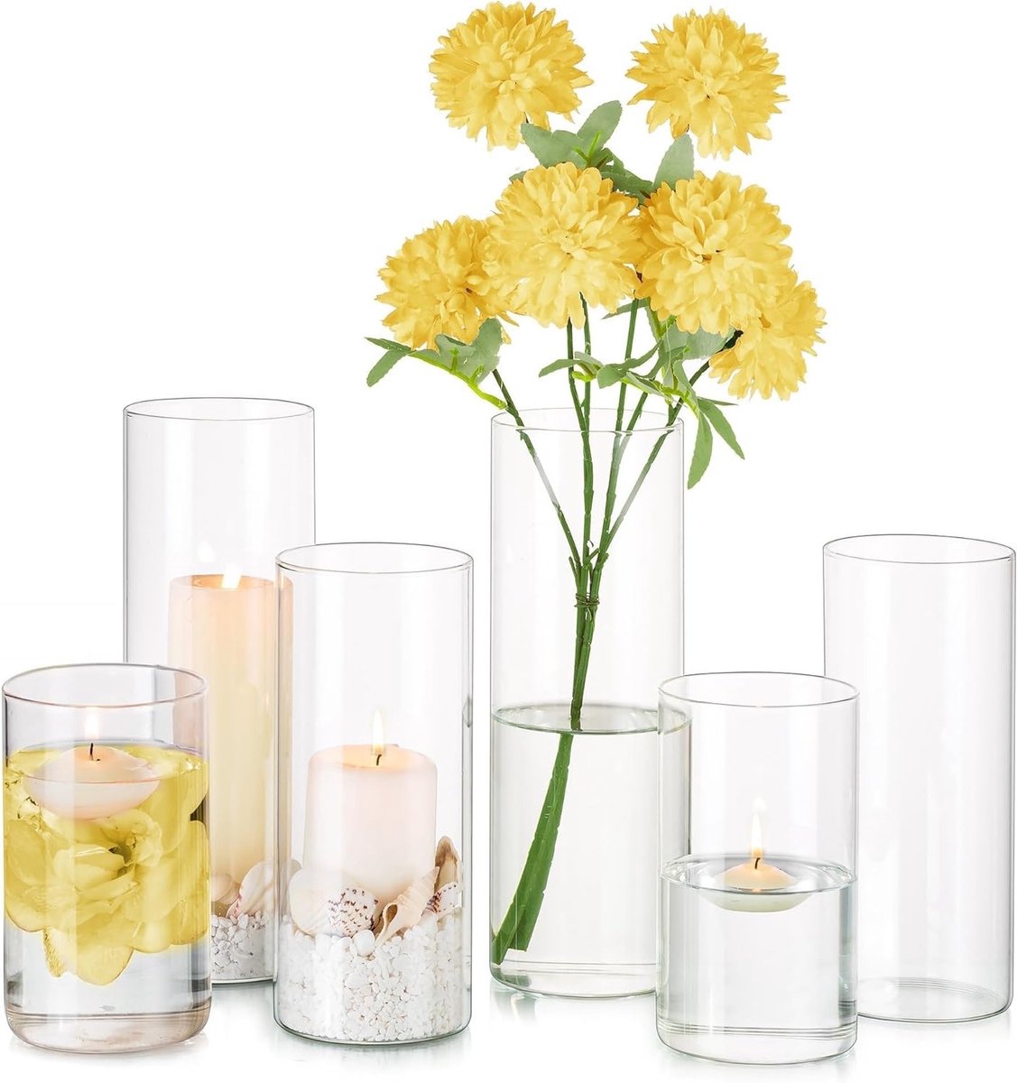 Moderne Glazen Cilindervaas Set van 6 Stuks voor Bloemen, Tulpen en Decoratie, Ideaal voor Bruiloften en Interieurstyling (10/15/20cm)