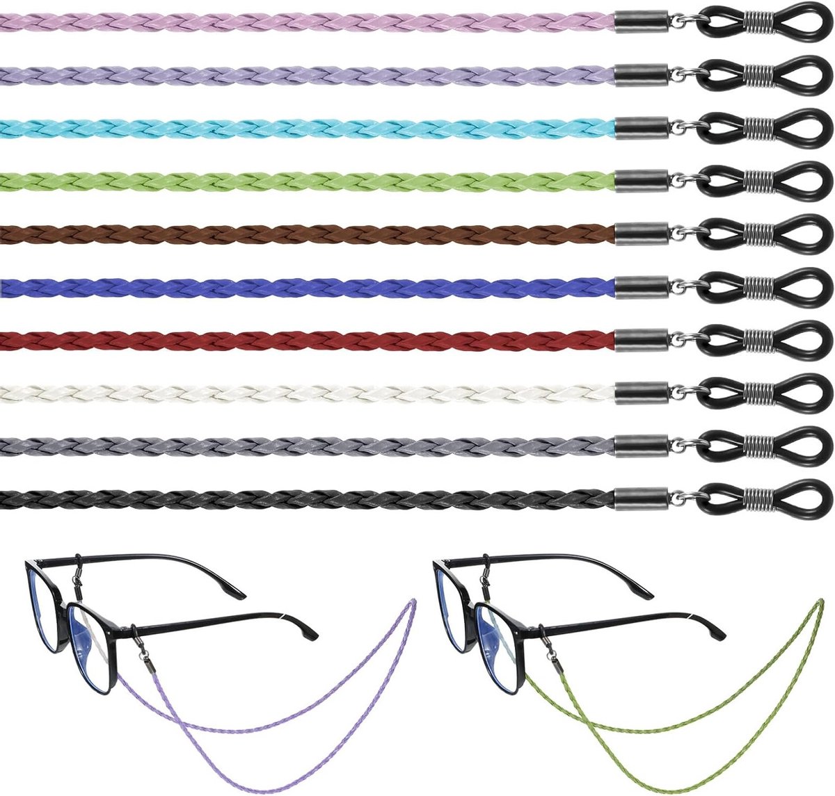 Set van 10 Kleurrijke Verstelbare Brilbanden, Antislip Brilkoord en Gevlochten Accessoireketting voor Zonnebrillen en Leesbrillen