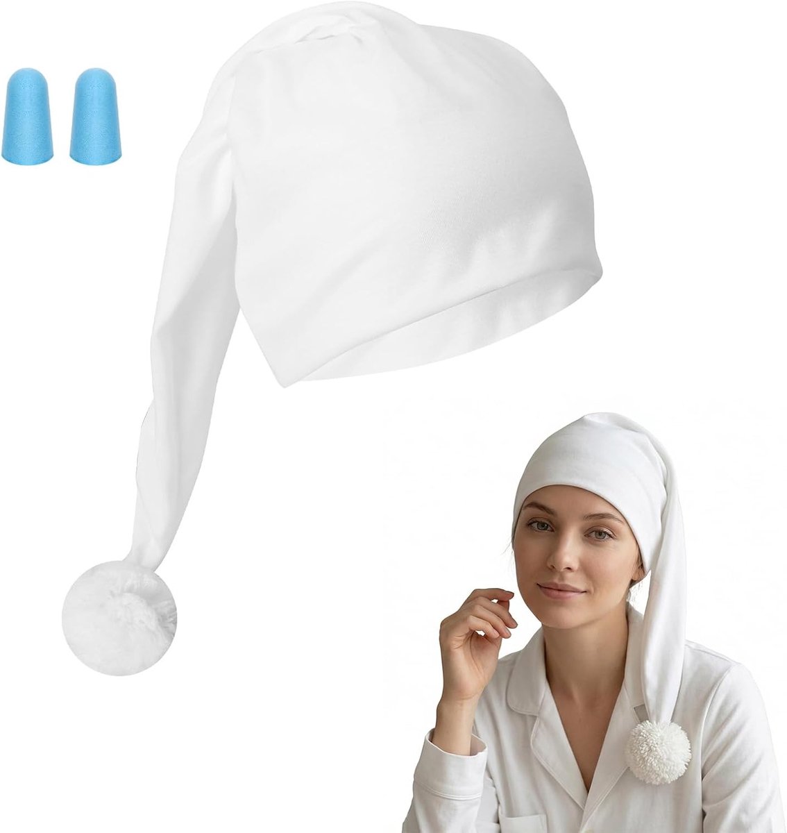 Slaapmuts met pompon en oordopjes, comfortabele puntmuts voor carnaval en pyjamaparty, ademend en lichtgewicht ontwerp (56 cm lang)