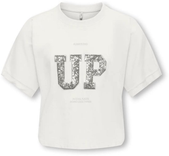Wit T-shirt met korte mouwen, met glitteropdruk "UP" en tekst "ALWAYS END IN COOL PLACES DOING COOL THINGS".