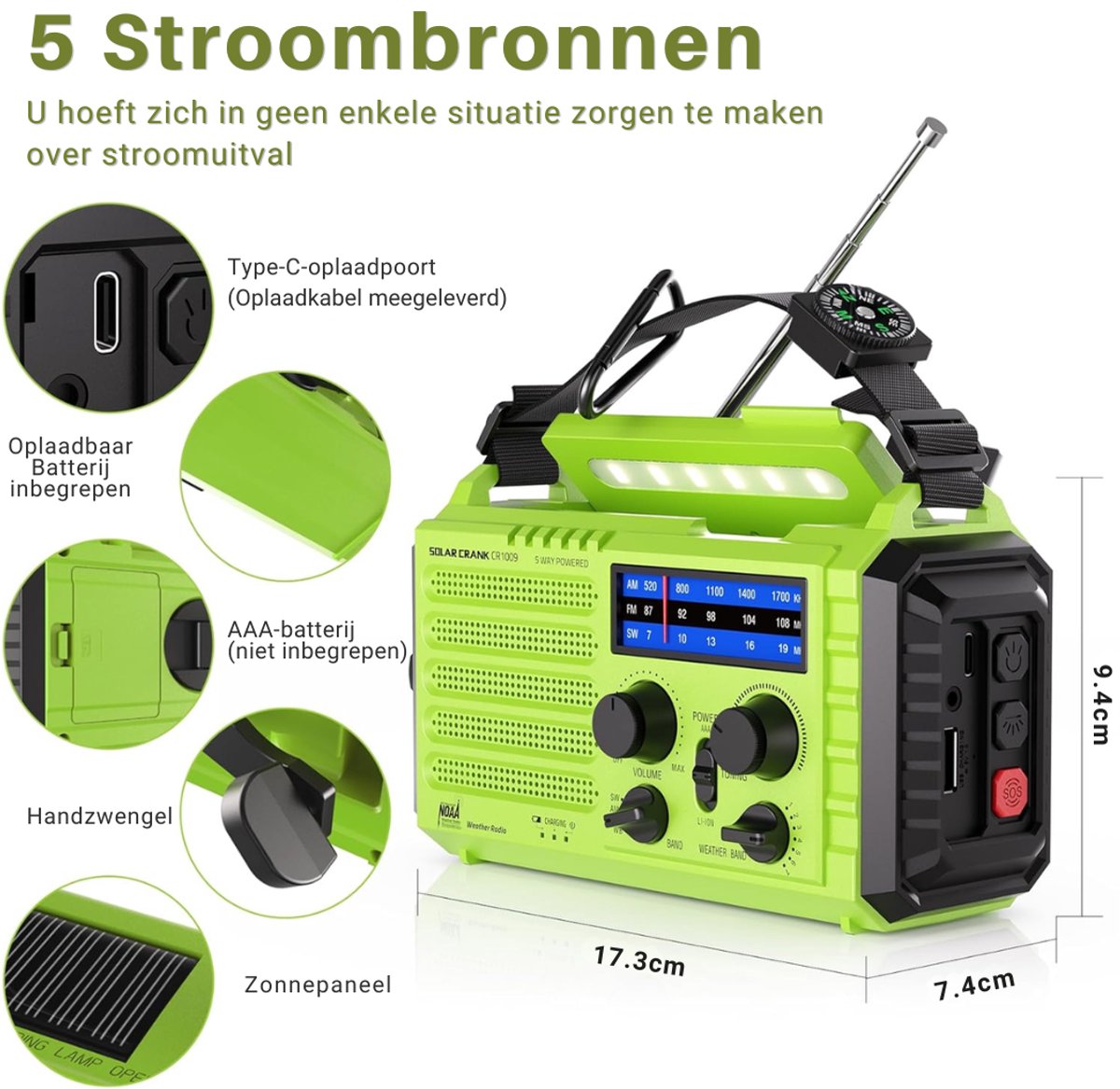 VLSelect®Noodradio - Solar Opwindbaar - Draagbare Radio - Noodgeval