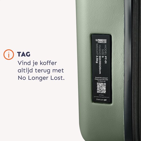 Label op een lichtgroene koffer met 'Princess Traveller' logo en QR-code.