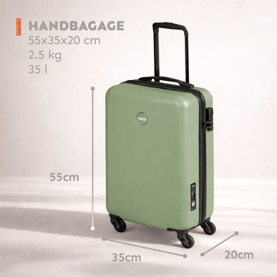 Lichtgroene handbagagekoffer van 55x35x20cm, 35 liter, 2.5kg.