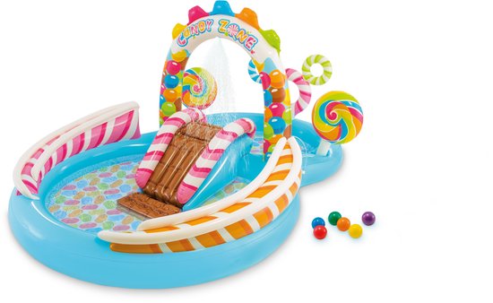 Opblaasbaar zwembad 'Candy Zone' met bruine glijbaan, roze/witte randen, lolly's en snoepdecoraties. Inclusief 6 gekleurde balletjes.
