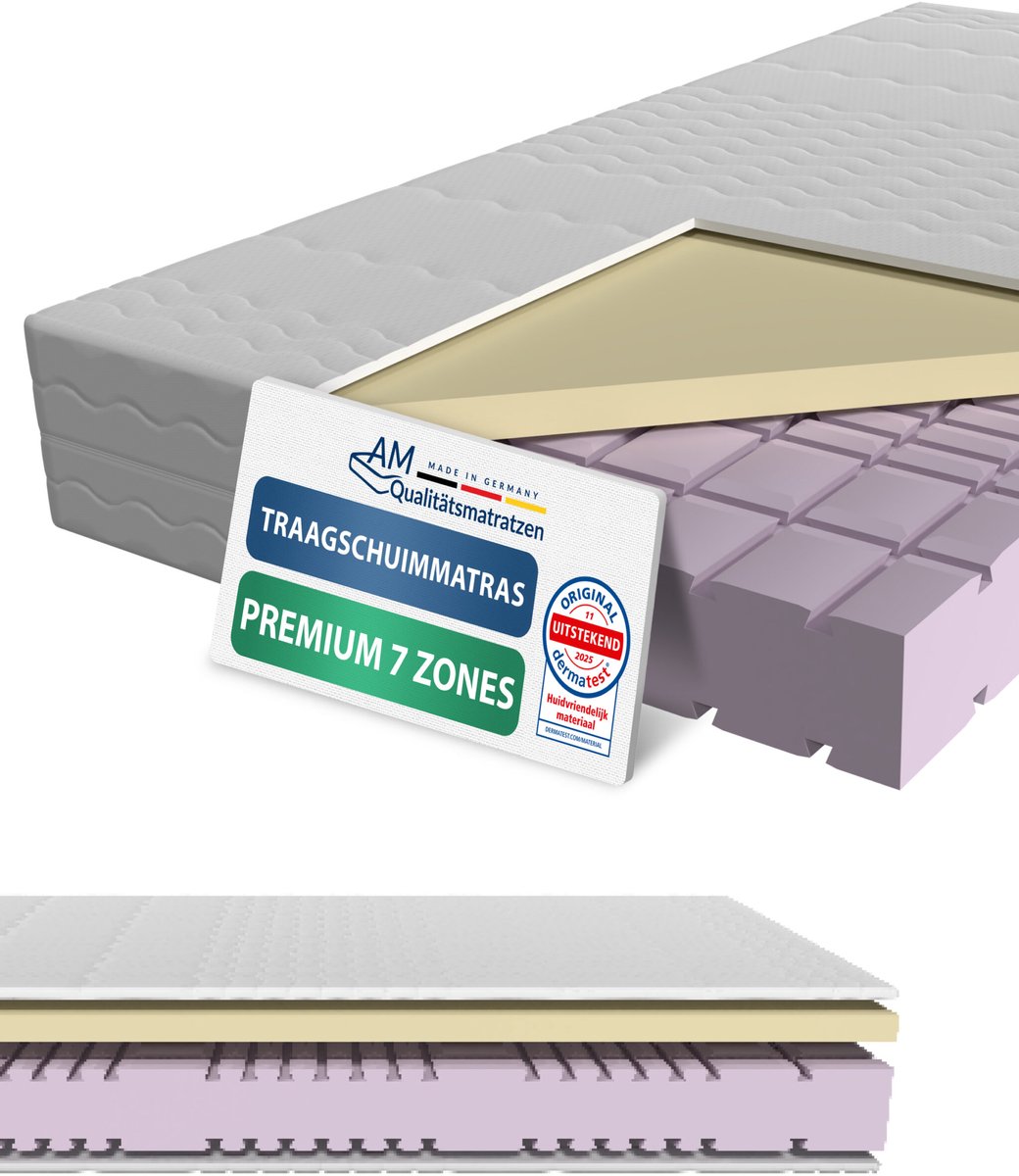 AM Qualitätsmatratzen Premium traagschuim matras 120x200cm - Gemiddeld (H3) - Hoogwaardig matras met 4cm traagschuim deklaag - 23cm hoogte - Made in Germany Wit