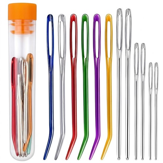 Multicolor naalden set grote oog gebogen naalden kunststof en metalen hand naalden 12 stuks in opbergbuis voor naaien breien en haken borduur naalden set