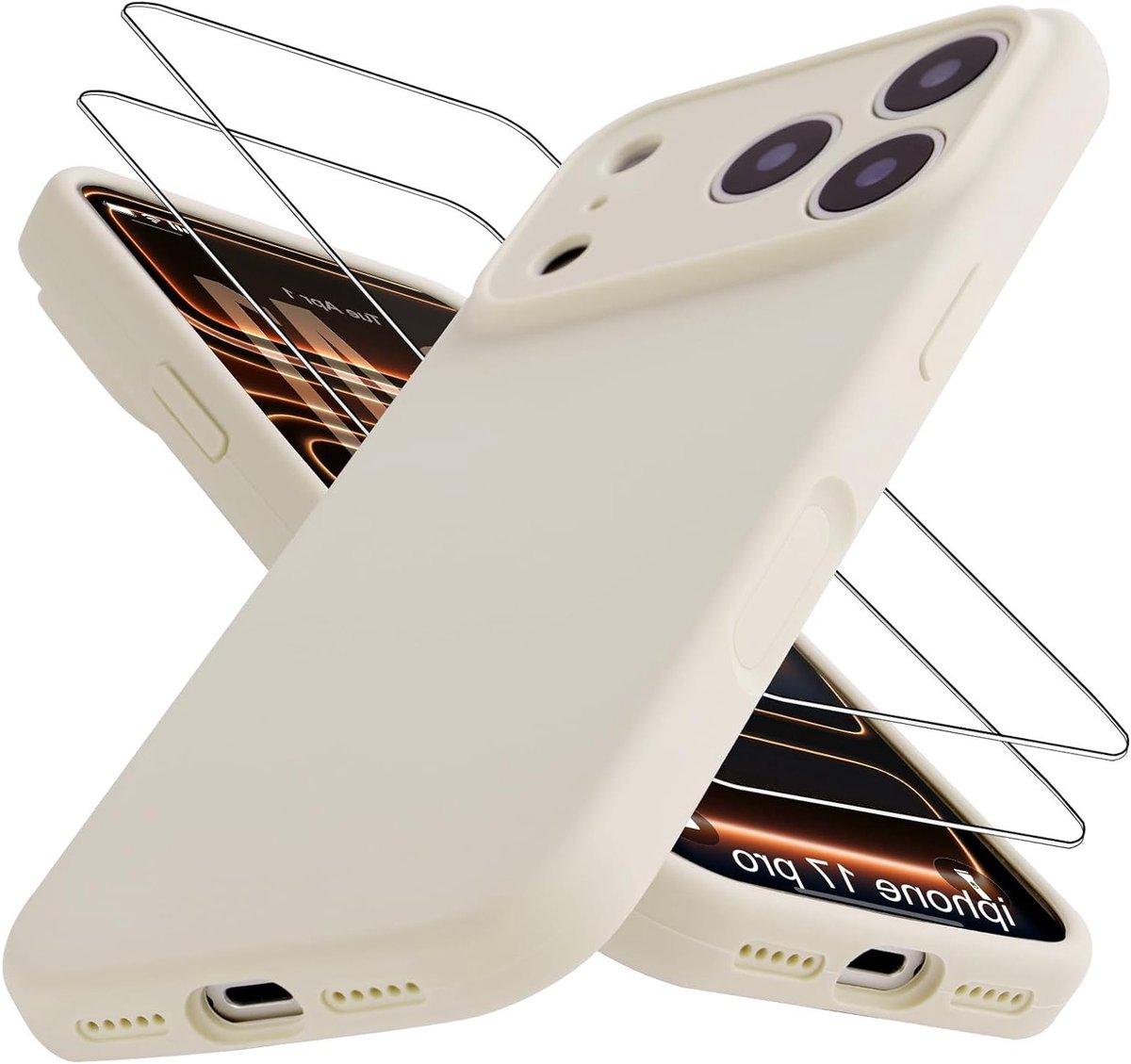 Siliconen Hoes voor iPhone 17 Pro met 2 Gehard Glazen Screenprotectors, Slanke Shockproof Bescherming, Wit en Duurzaam Design
