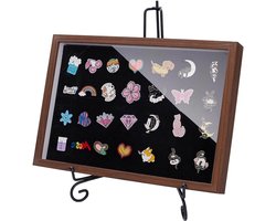 Shadow Box Pin Display Case met Tafelstandaard in Kokosbruin - MDF Presentatiekoffer met Acrylvenster en Vouwbare IJzeren Easels voor Badges en Verzamelobjecten