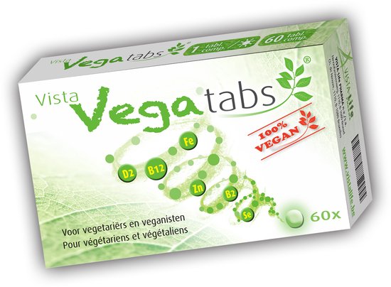 Doos met Vista Vegatabs, 60 tabletten, 100% vegan. Met vitamine D2, B12, Fe, Zn, B2, Se. Voor vegetariërs en veganisten.