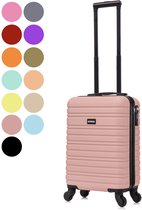 Roze koffer handbagage met uittrekbaar handvat, wieltjes en kleurenpalet.
