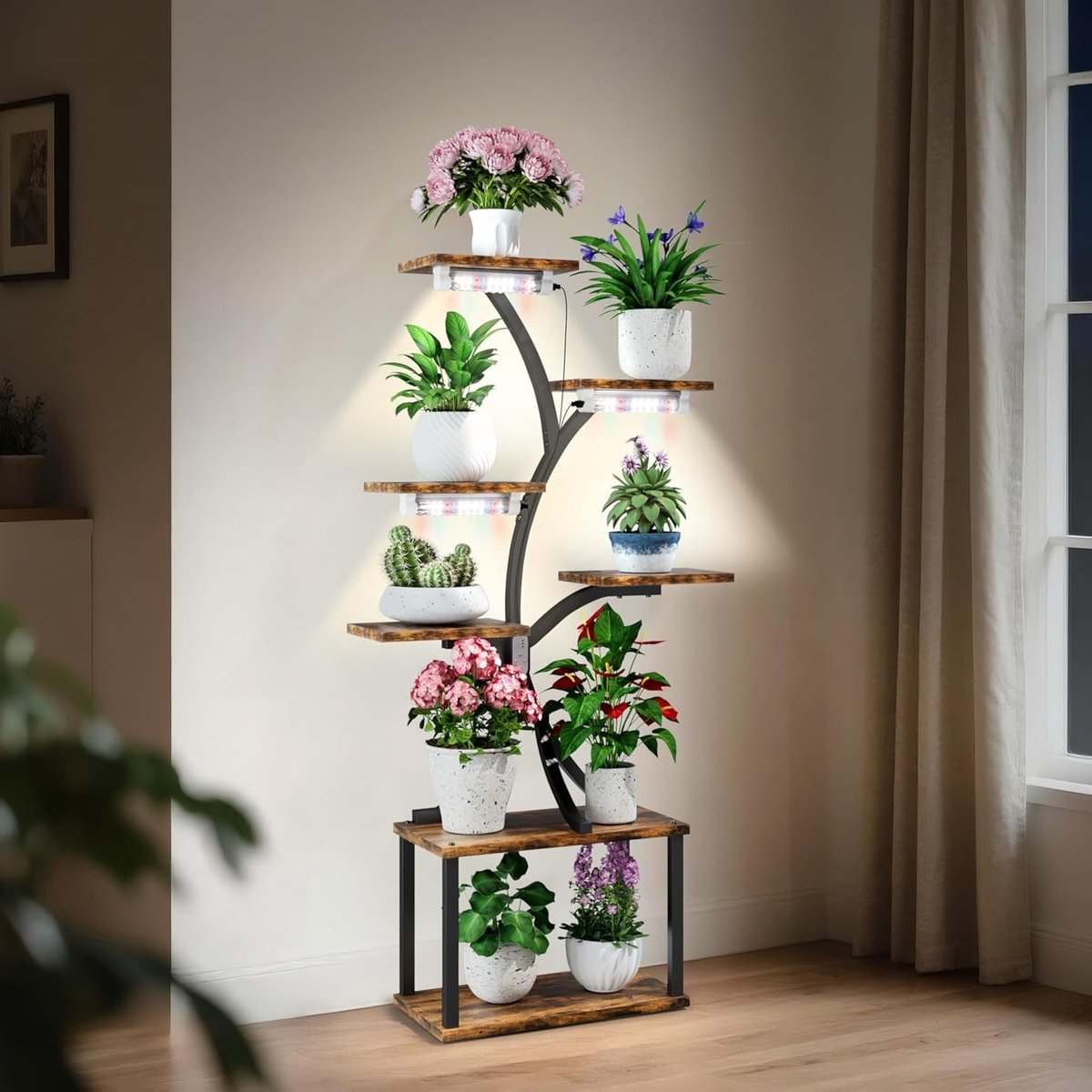 Indoor Plant Stand met Groeilamp - 7 Laags Bloemrek van MDF en Metaal voor Woonkamer en Balkon, Ideaal voor Plantenverzorging en Decoratie