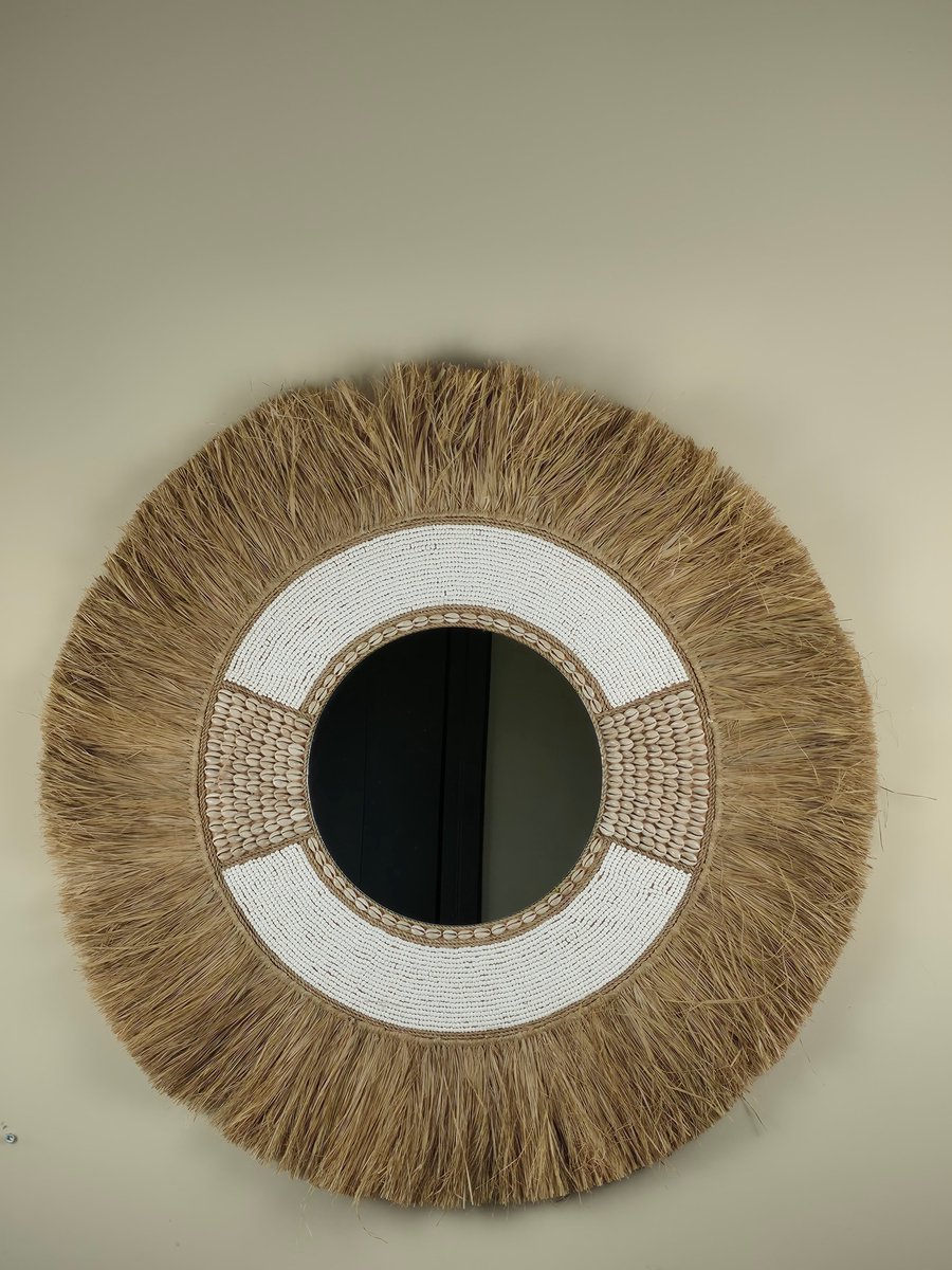 Blitzdeco Wandspiegel - Melanie - Ronde Raffia Kralen - Beige/Wit - Handgemaakt Uniek - 60CM