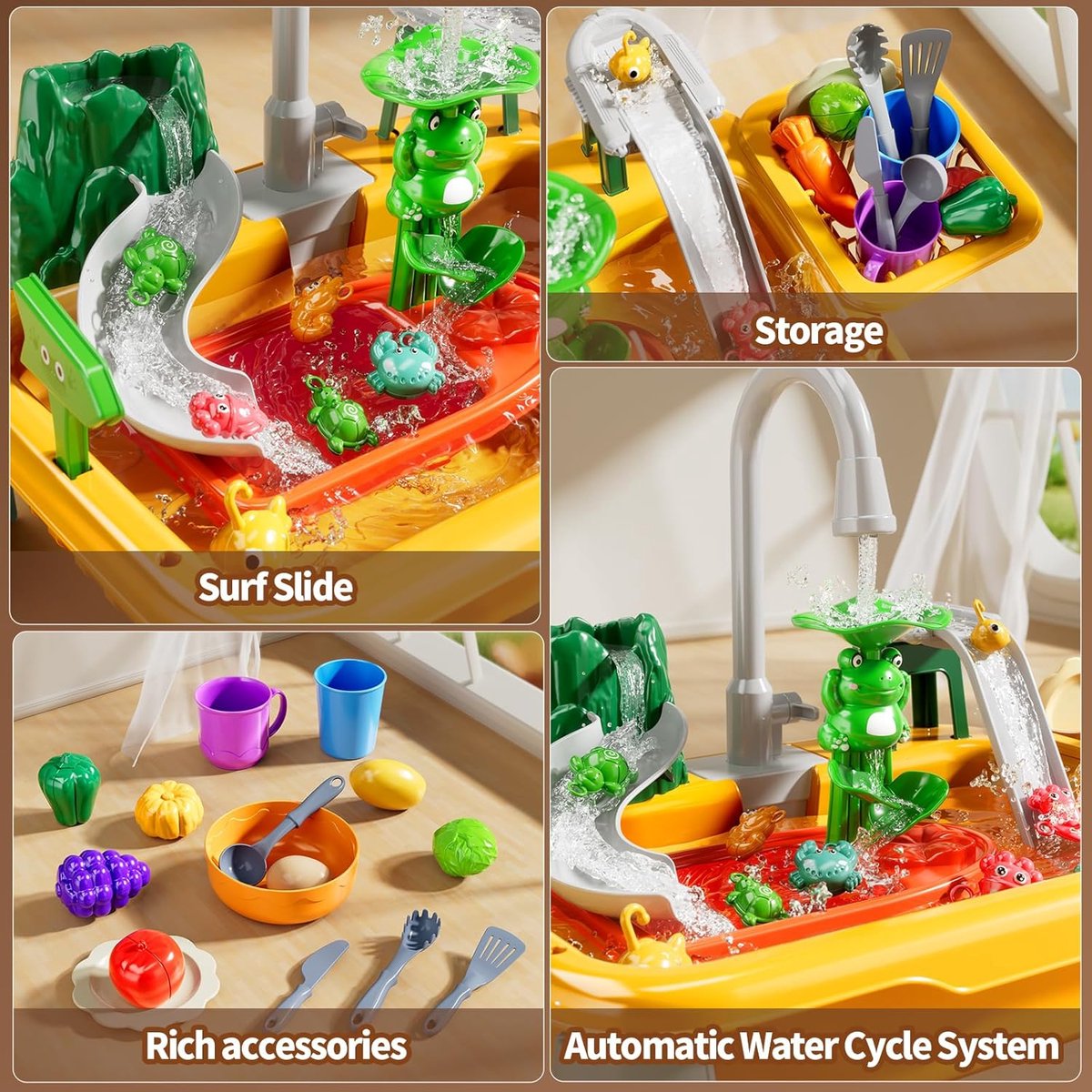 2-in-1 elektrische keukenwasser speelgoed - voor peuters van 3-8 jaar - Multifunctionele watertafel met stromend water en waterpomp - Vismetspel, keukenrollenspel, met accessoires voor eten en servies, verjaardagscadeau voor jongens en meisjes - geel — afbeelding 3