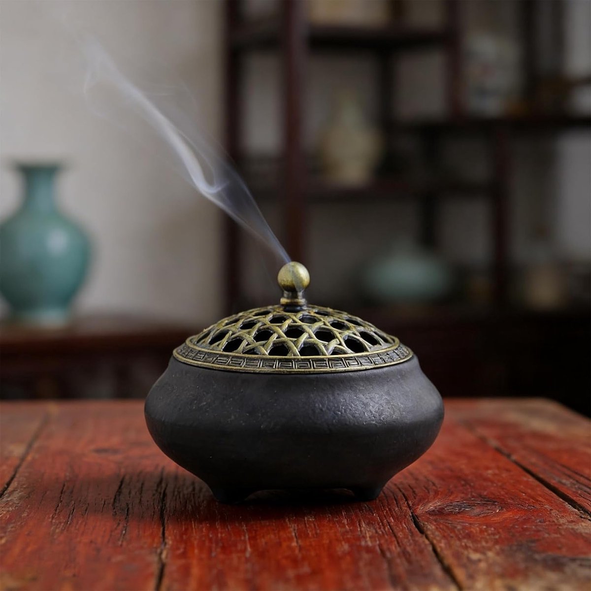 Ceramische Vintage Rookkom met Metalen Deksel en Vuurvaste Houder voor Sticks, Perfect voor Meditatie, Woonkamer en Kantoor, Ideaal voor Yoga en Thuisdecoratie